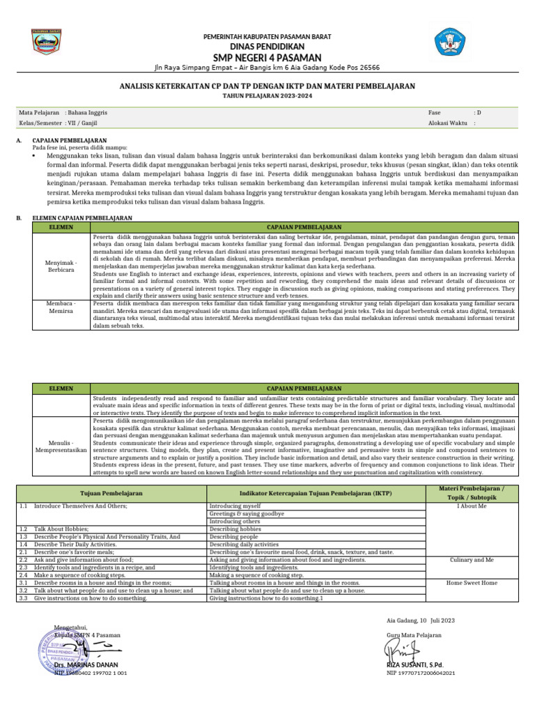 Analisis Keterkaitan CP Dan TP BING 7 | PDF