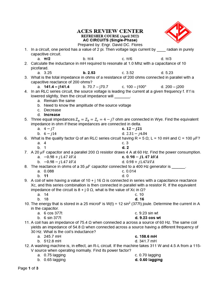 AC Circuits Refresher Course Quiz | PDF | Electrical Impedance ...