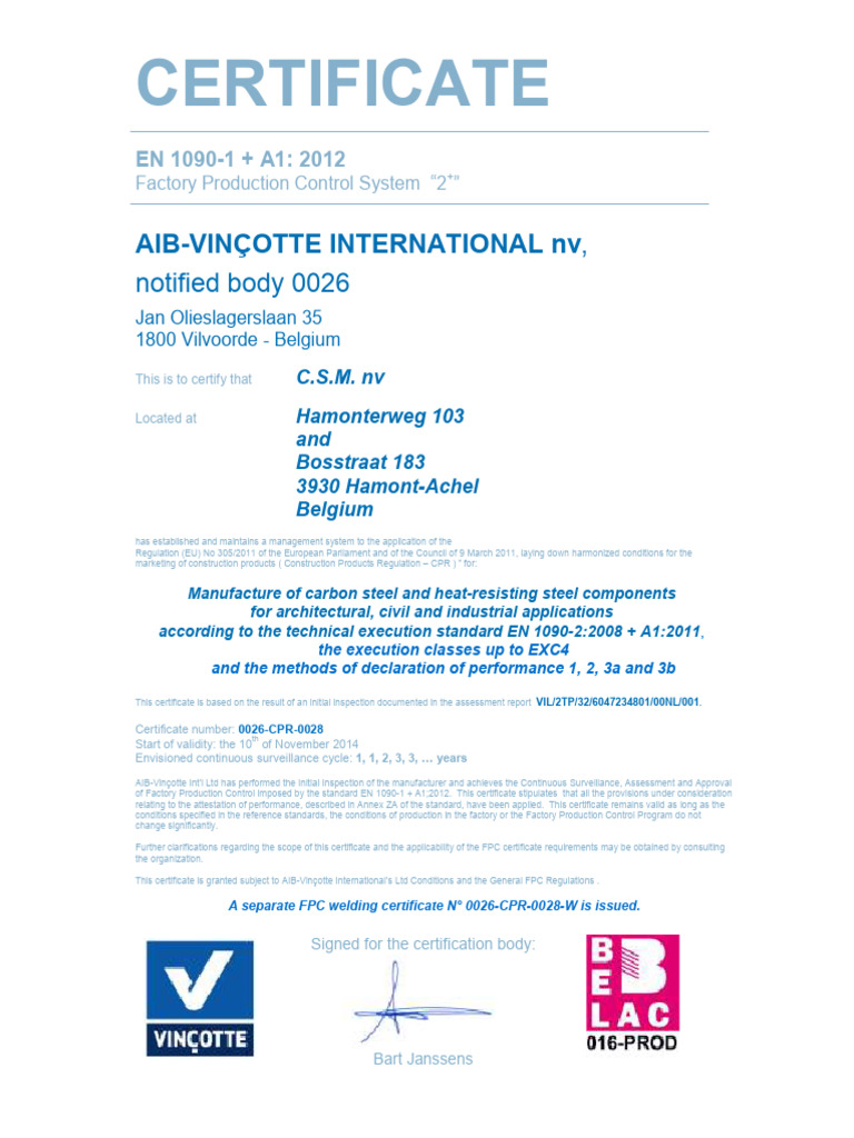 Certificate: Aib-Vinçotte International NV | PDF