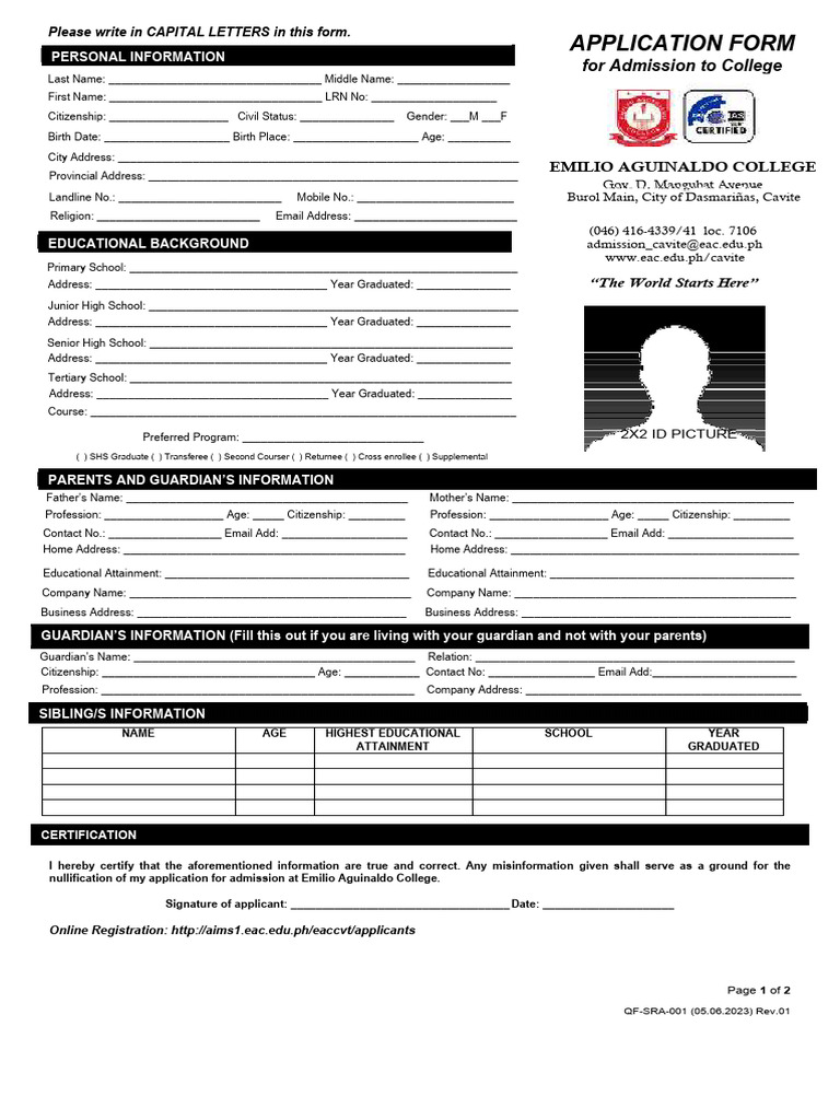 Application Form For Admission For College | PDF