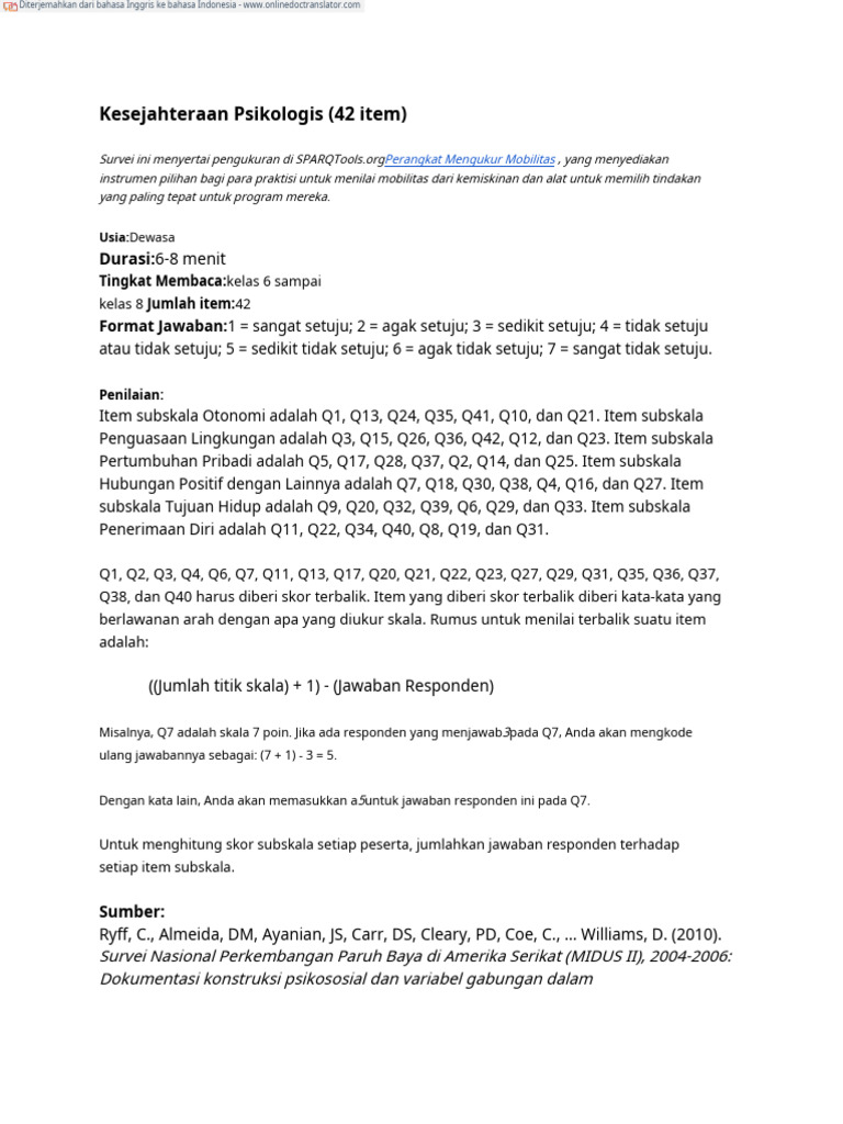 Psychological Well Being 42 Items - En.id | PDF