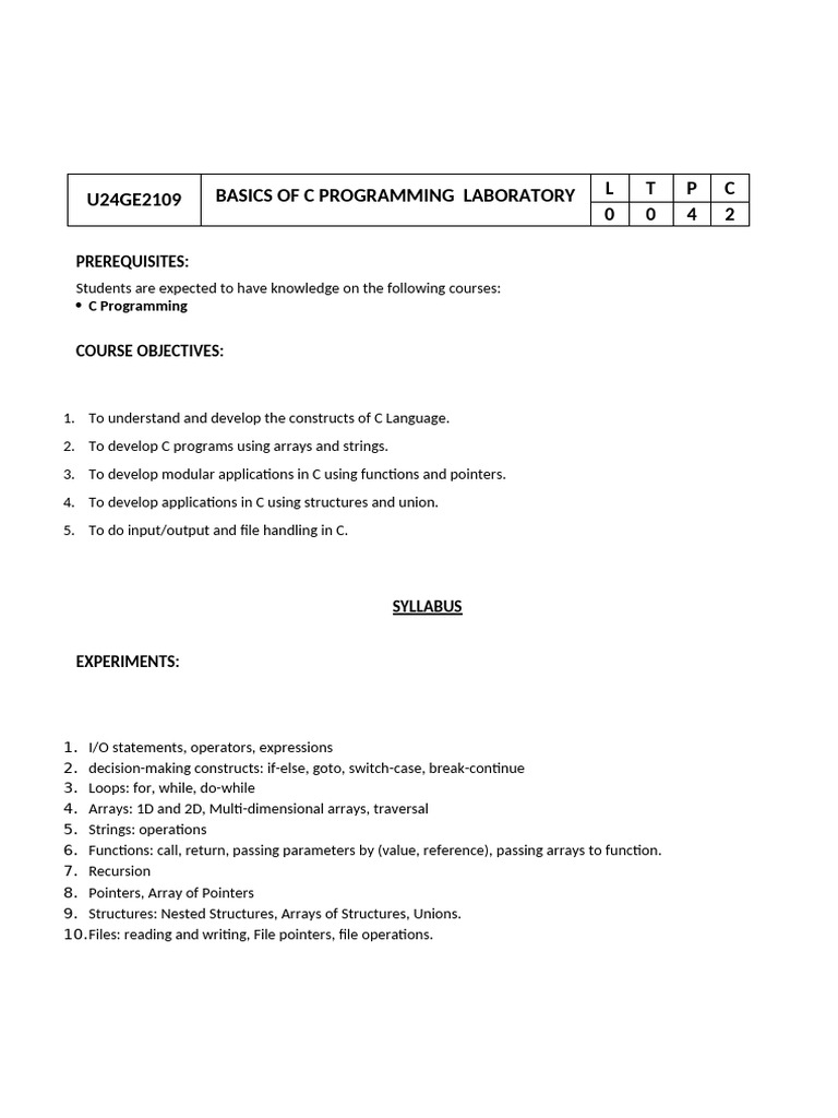 Basics of C Programming Lab U24GE2109 | PDF | C (Programming Language ...