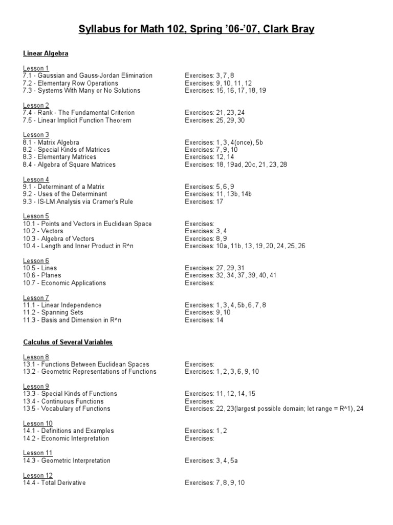 Math 102 Linear Algebra Syllabus | PDF | Matrix (Mathematics) | Vector ...