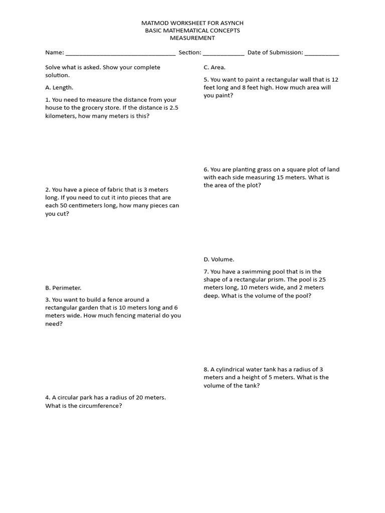 Worksheet For Measurement | PDF