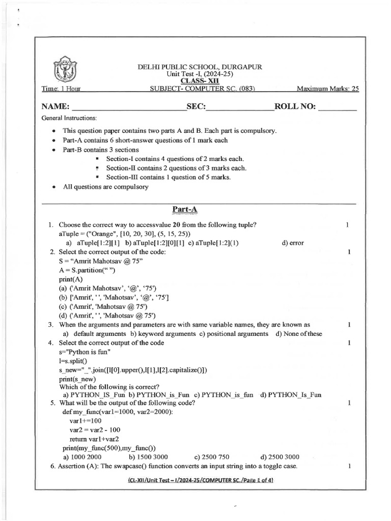 Class 12-Ut 1 Computer Science 2024-25 | PDF