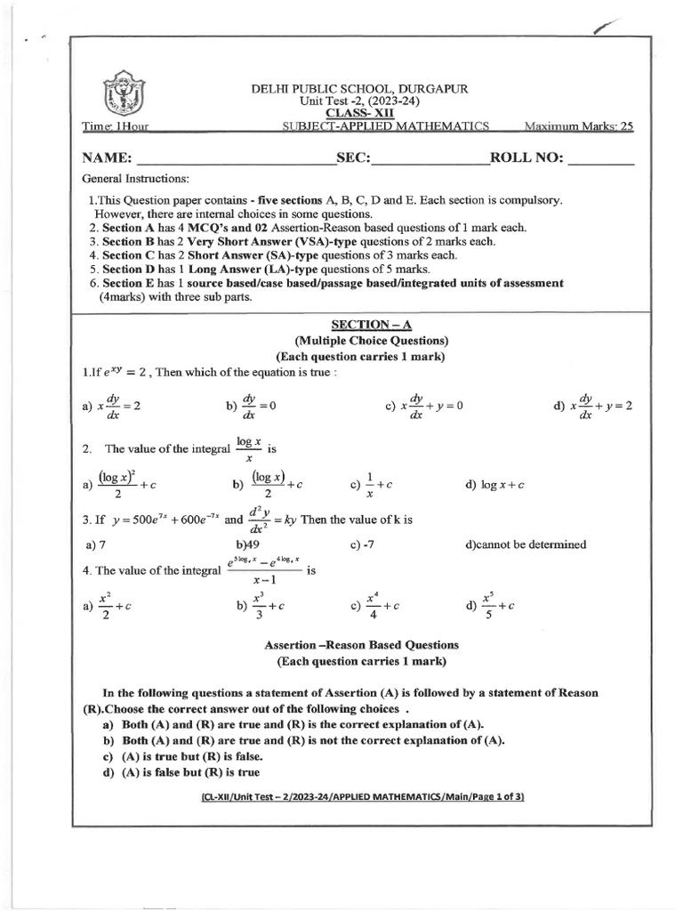 CL 12 Ut 2 Applied Maths 23-24 | PDF