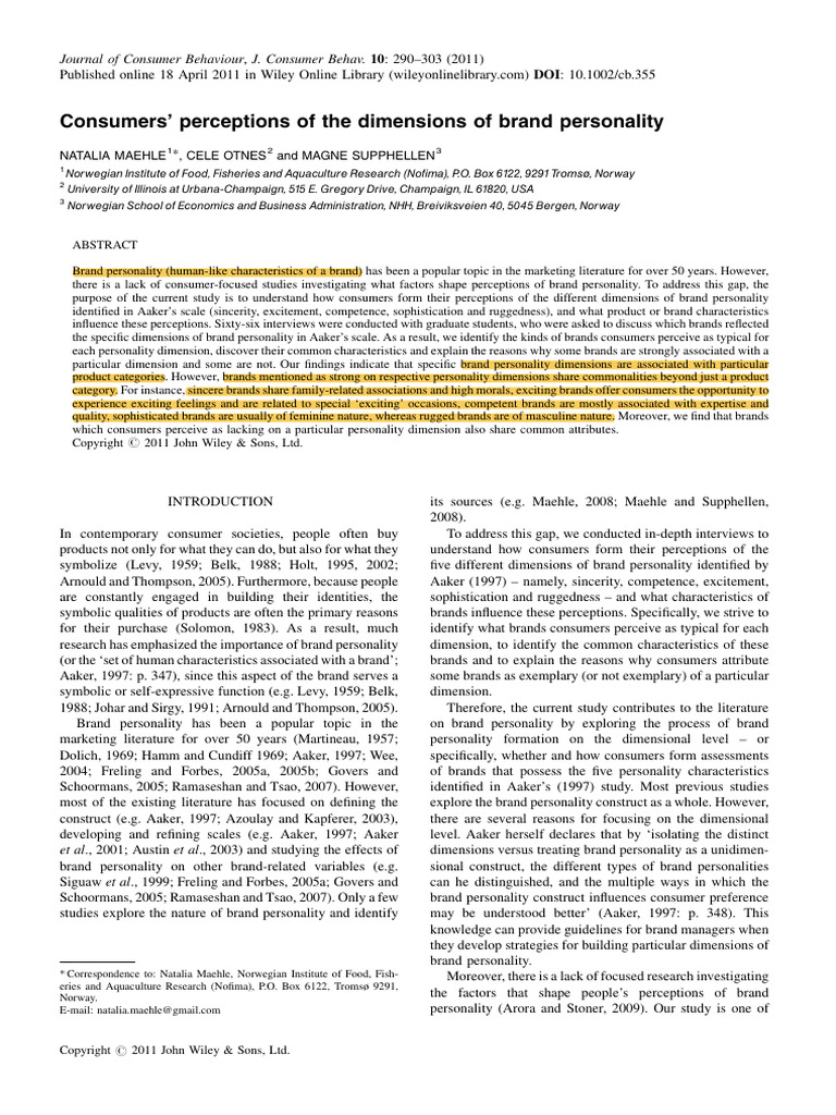Consumers' Perceptions of The Dimensions of Brand Personality | PDF