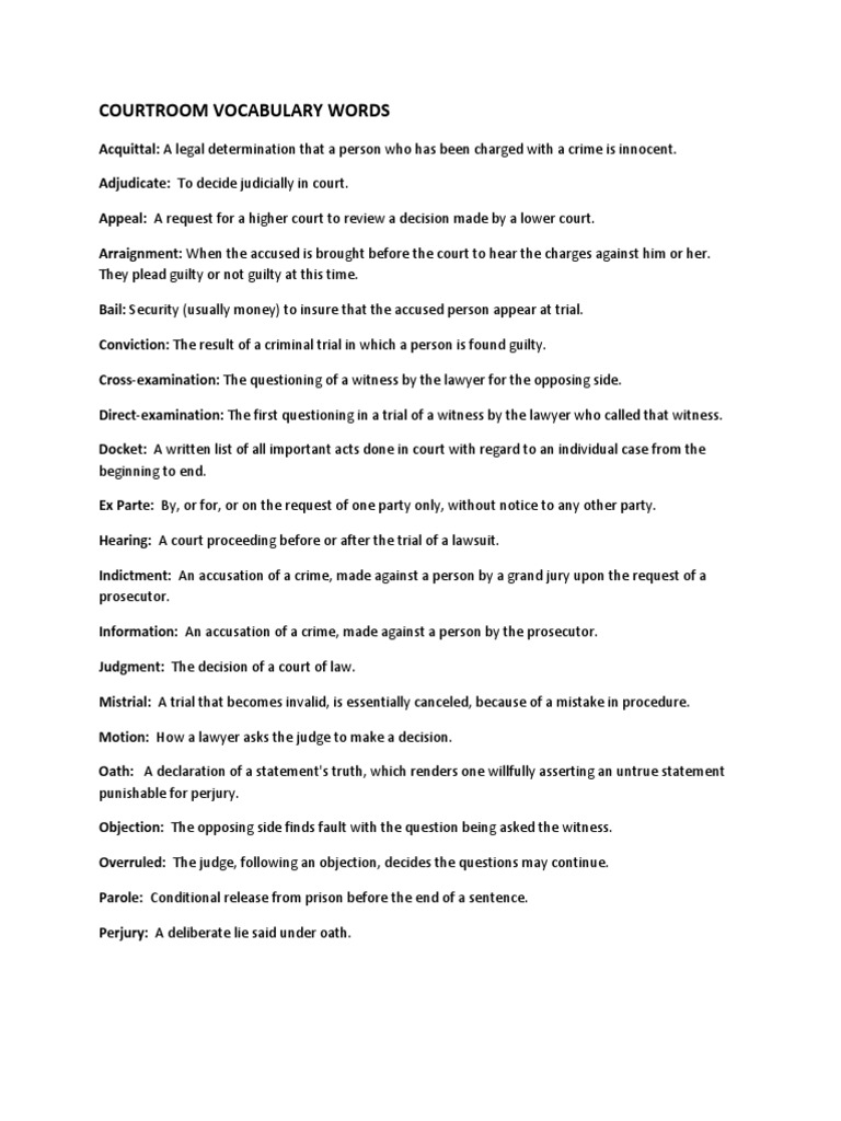 Courtroom Vocabulary Words PDF Witness Trials