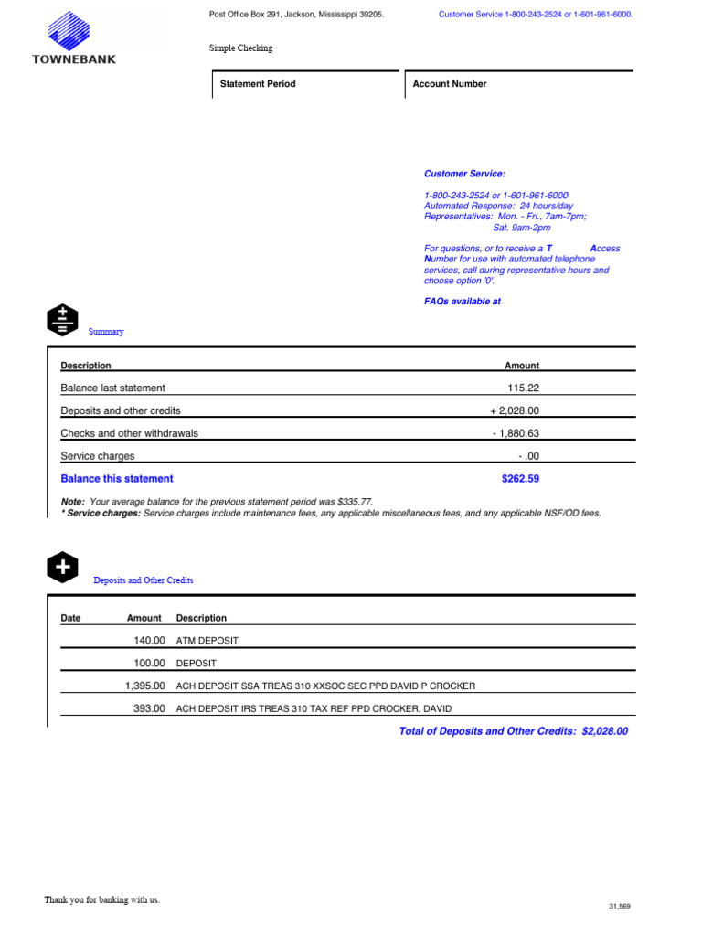 TOWNEBANK Bank Statement DEBRA BENNETT | PDF