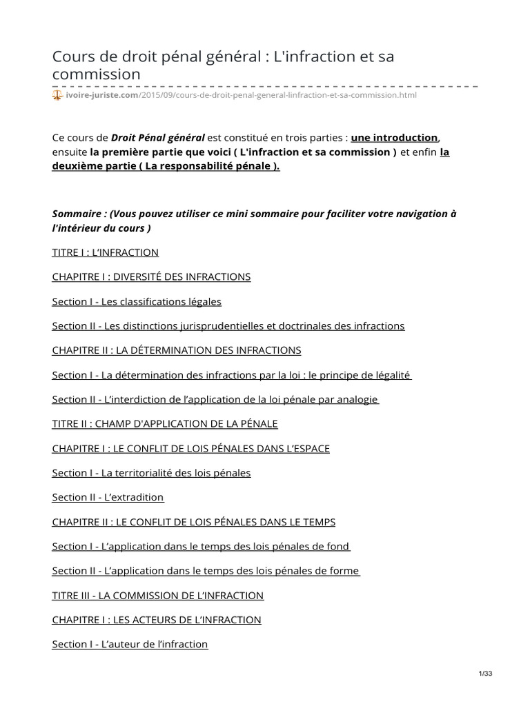 Cours de Droit Pénal Général Linfraction Et Sa Commission | PDF