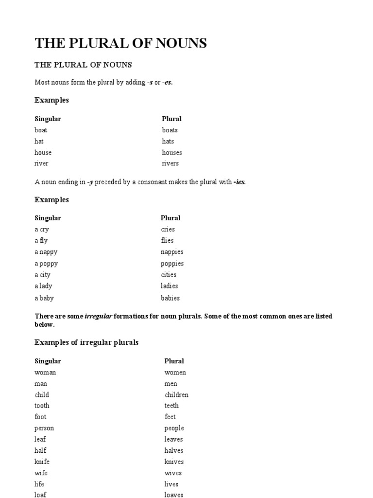 The Plural Of Nouns PDF Noun Plural