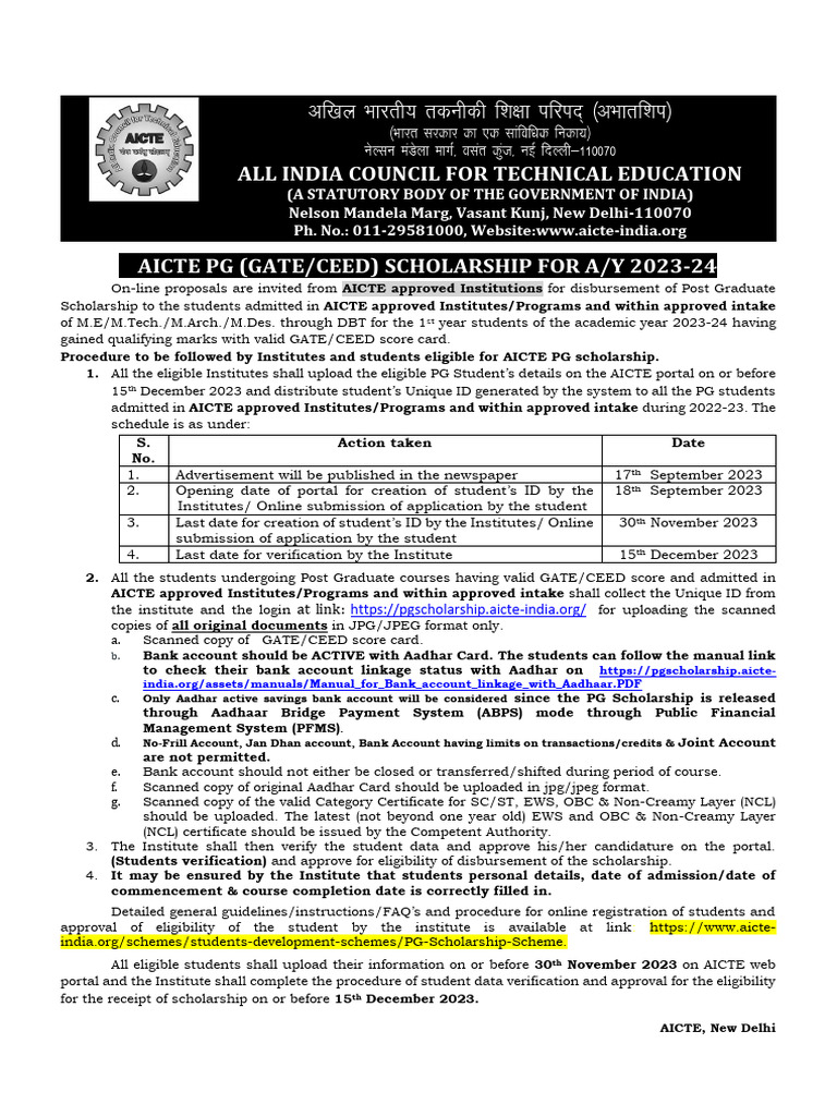 PG Scholarship 2023-24 - Notification | PDF