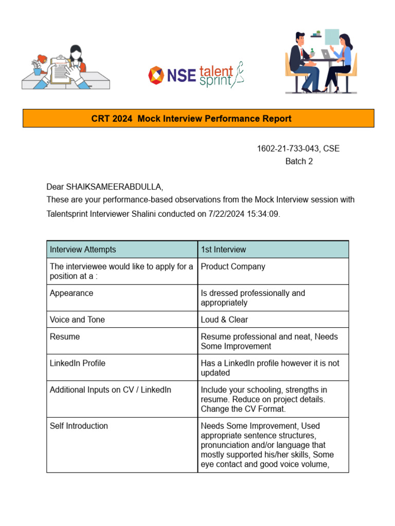 Mock Interview Report For 1602-21-733-043 | PDF