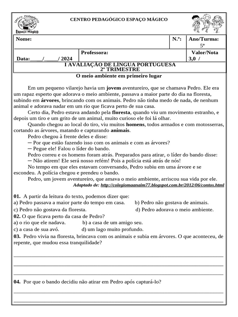 I Avaliação de Língua Portuguesa 2 T | PDF