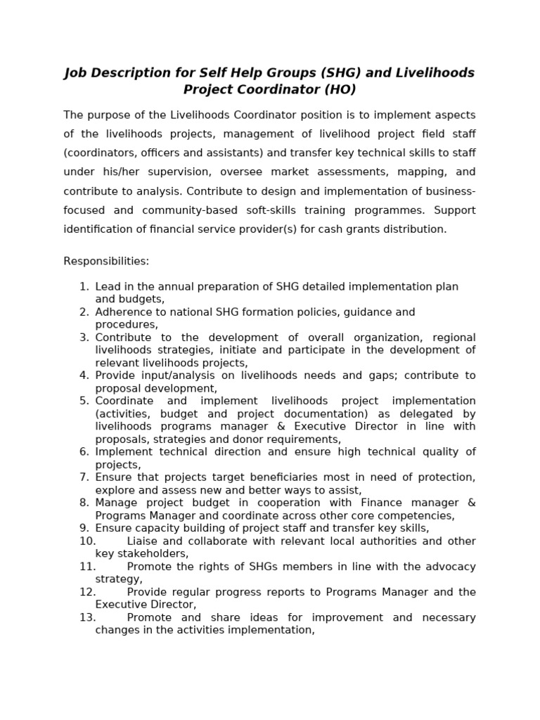 Job Description For Livelihoods Project Coordinator (HO) | PDF