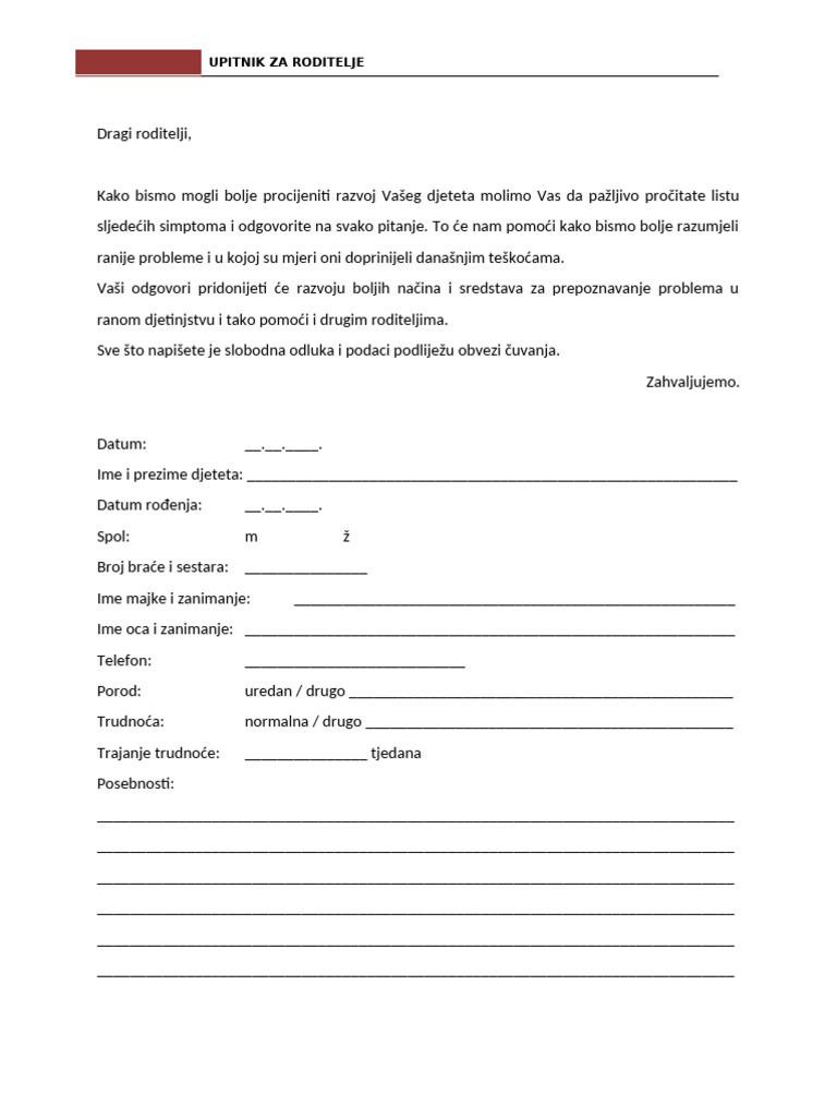 Upitnik Za Roditelje | PDF