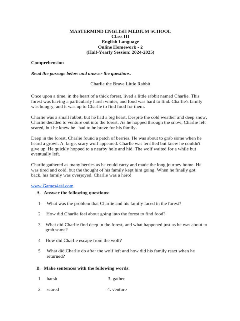 Charlie the Brave Rabbit Homework | PDF | Language Arts & Discipline