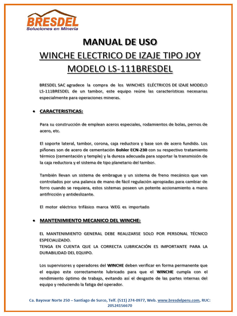 Manual de Uso Winche LS-111 - BRESDEL | PDF | Acero | Embrague