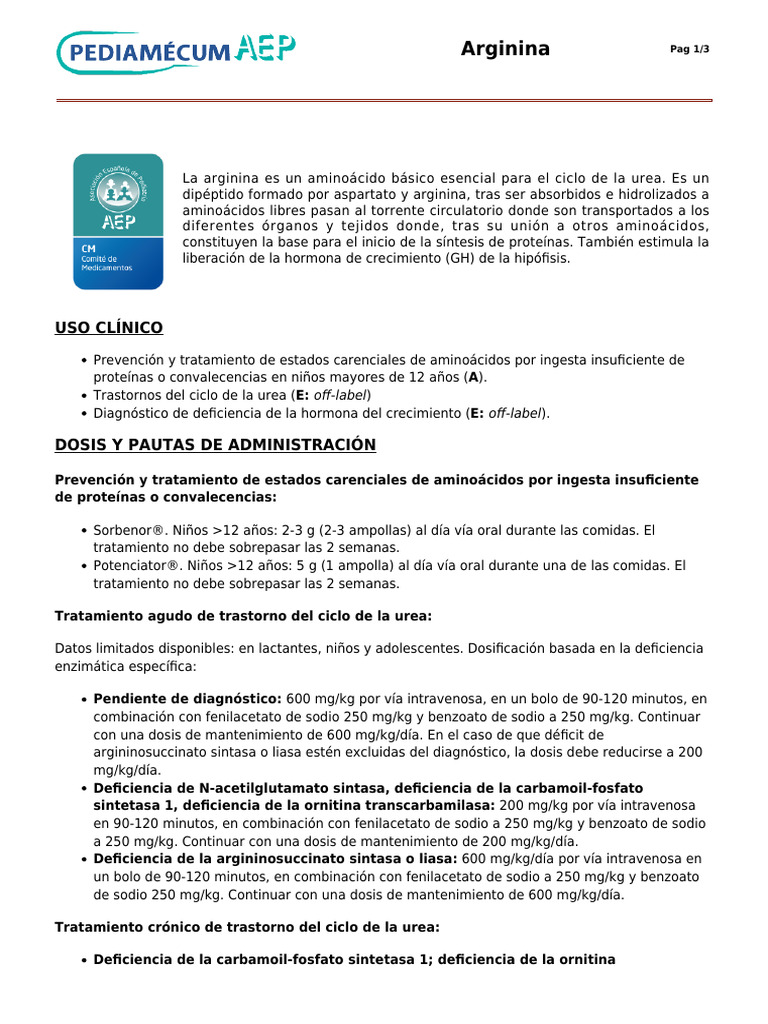 Uso y Dosis de Arginina en Pediatría | PDF | Arginina