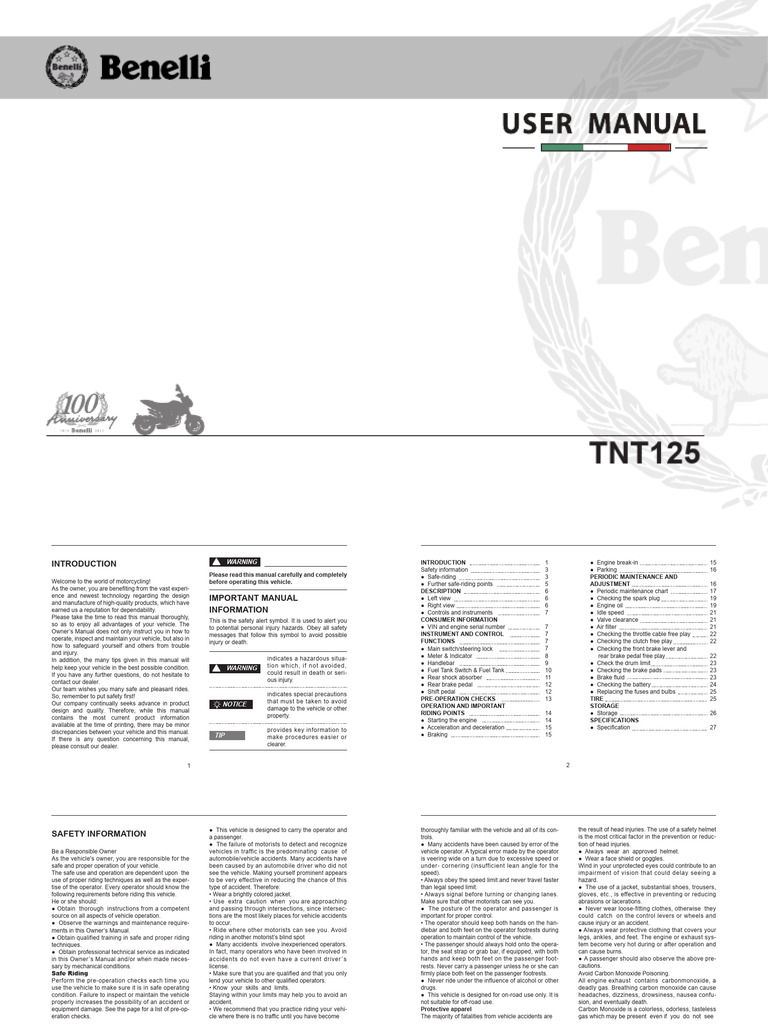 Benelli TNT 125 Owner's Manual | PDF | Brake | Manual Transmission