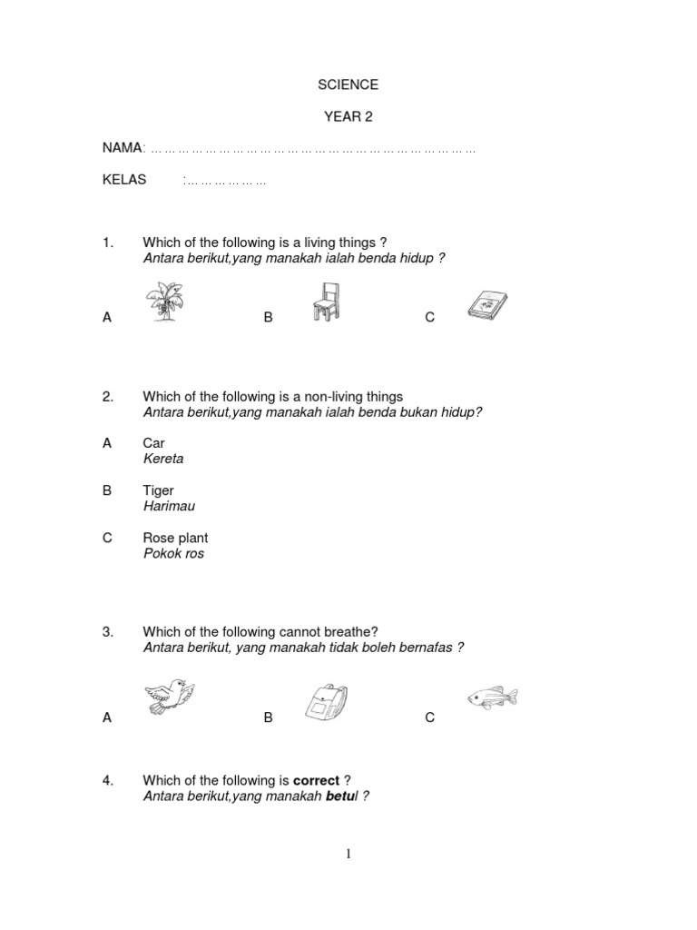 Soalan Sains Tahun 2 Soalan Sains Tahun 2