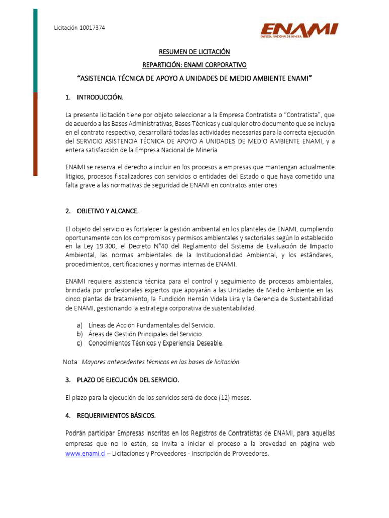 Licitación ENAMI: Asistencia Técnica Ambiental | PDF