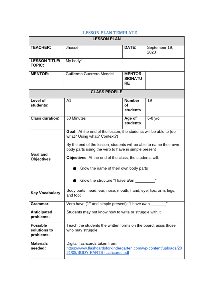 LP 7 WEEK 11 Visit - Body Parts | PDF | Lesson Plan | Linguistics