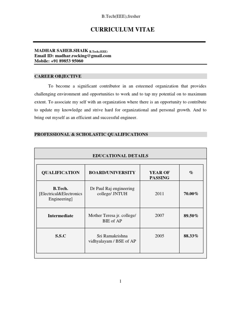 resume Resume B Tech b techeee 2011fresher resume electrical engineering operating system
