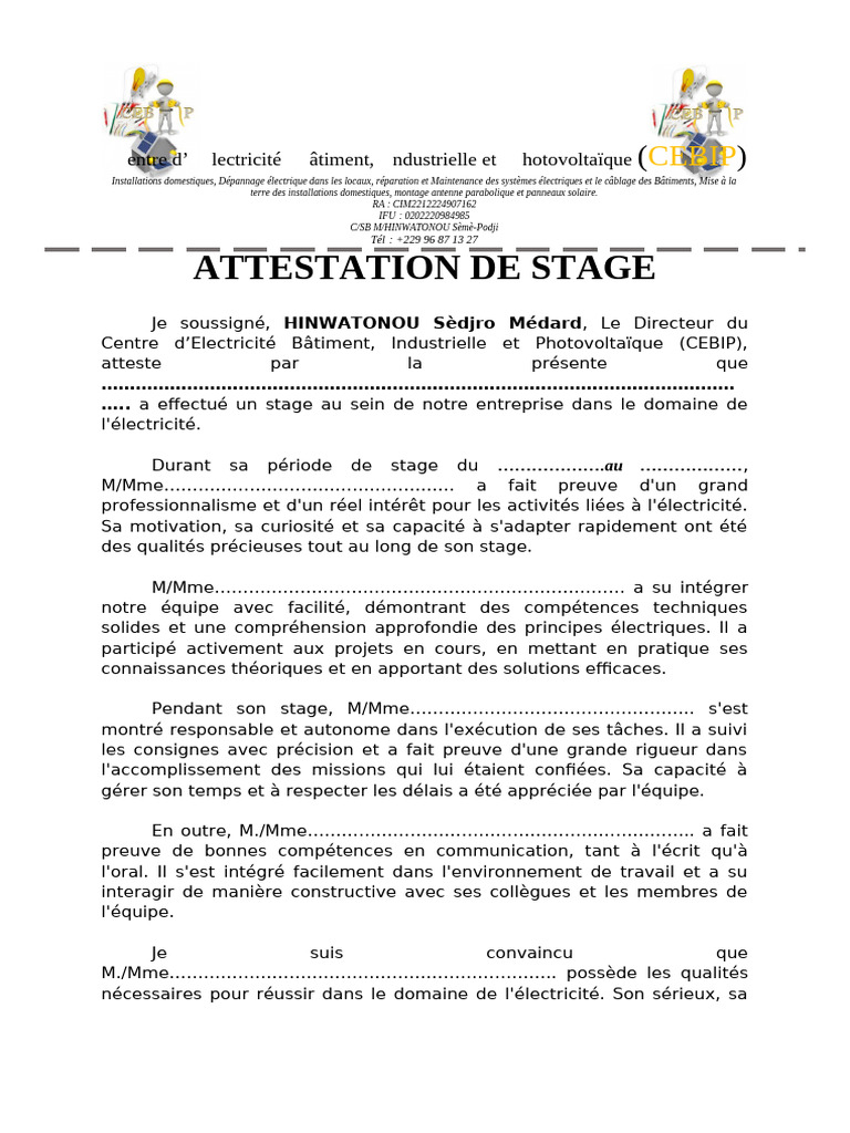 Attestation De Stage Pdf
