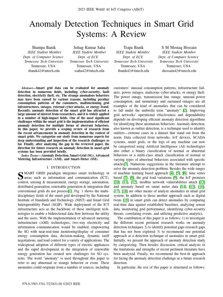 Anomaly Detection Techniques in Smart Grid Systems: A Review | PDF