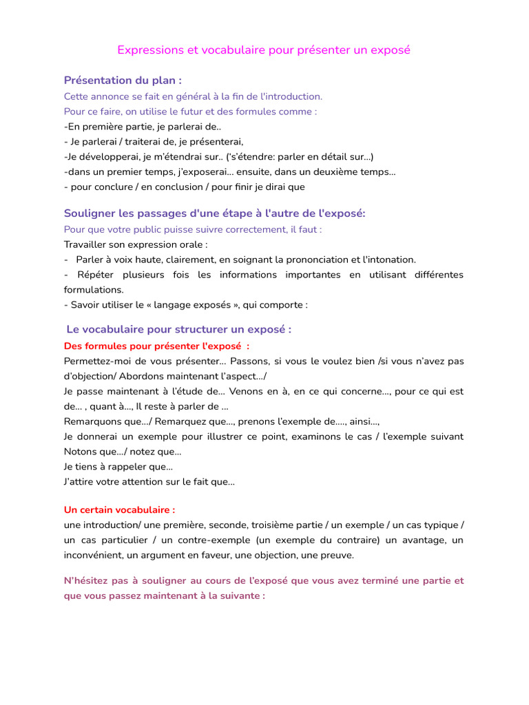 Expressions Et Vocabulaire Pour Présenter Un Exposé | PDF
