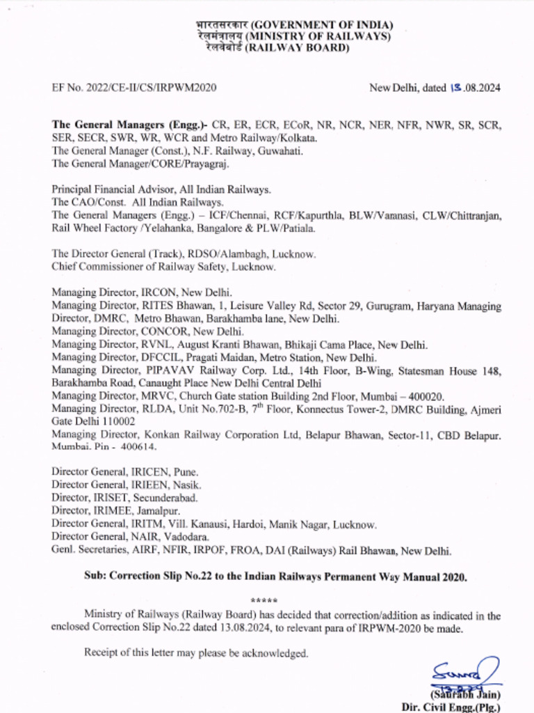 Correction Slip No. 22 To The Indian Railways Permanent Way Manual 2020 ...