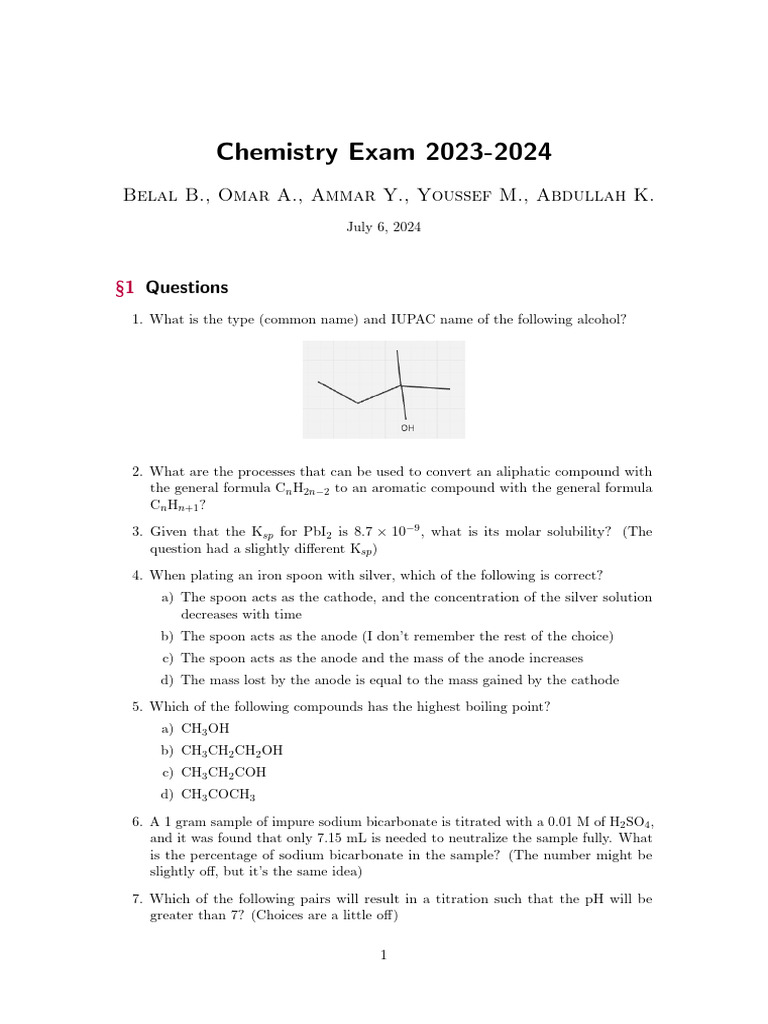 Chemistry 2023 2024 Final Exam | PDF
