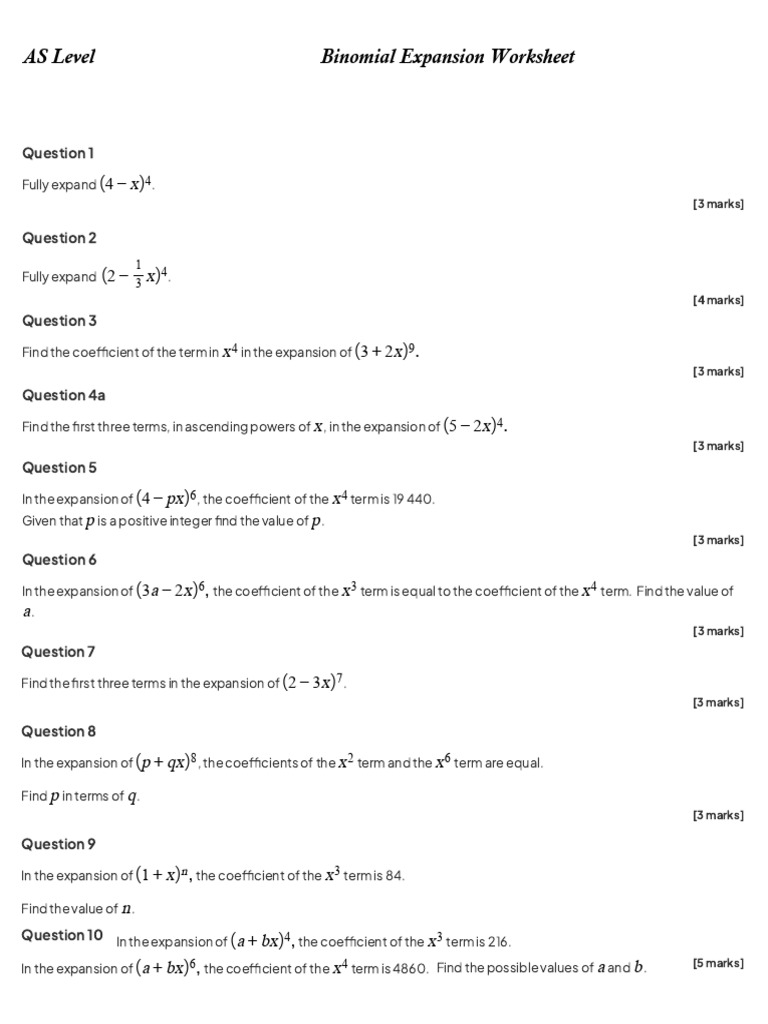 Binomial Expansion Practice Questions | PDF | Arithmetic | Numerical ...