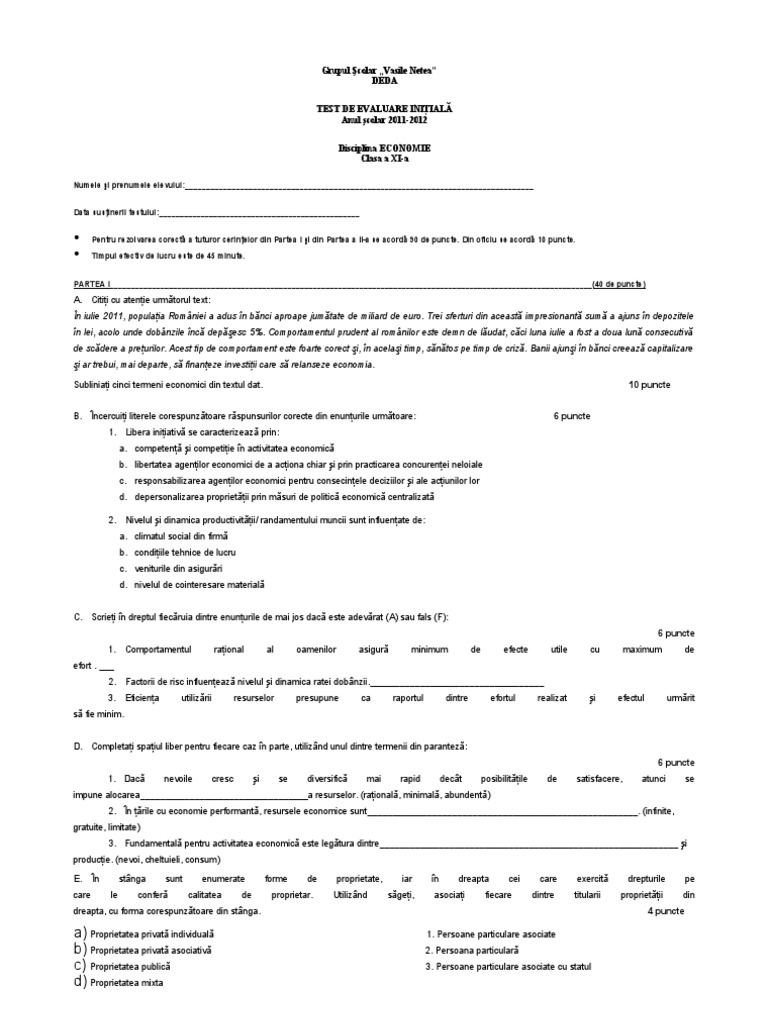 Test Initial Economie Xi
