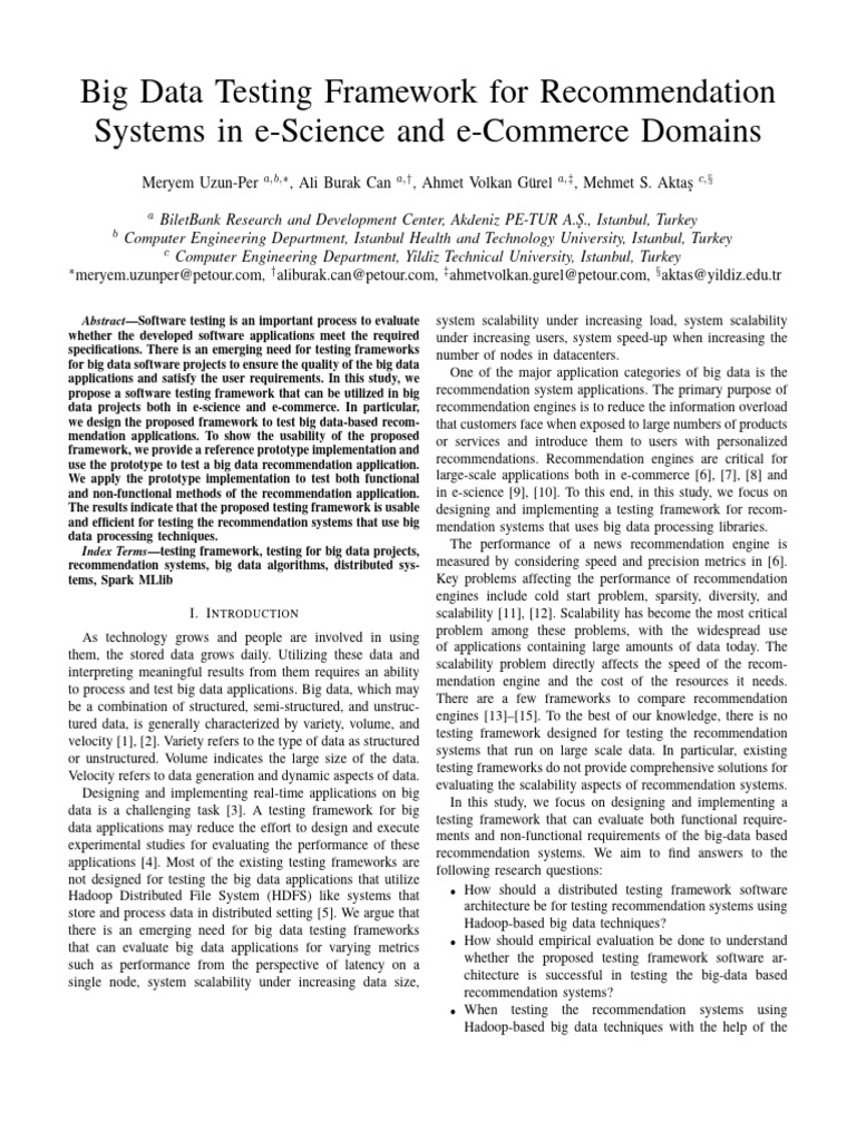 Big Data Testing Framework For Recommendation Systems in E-Science and ...