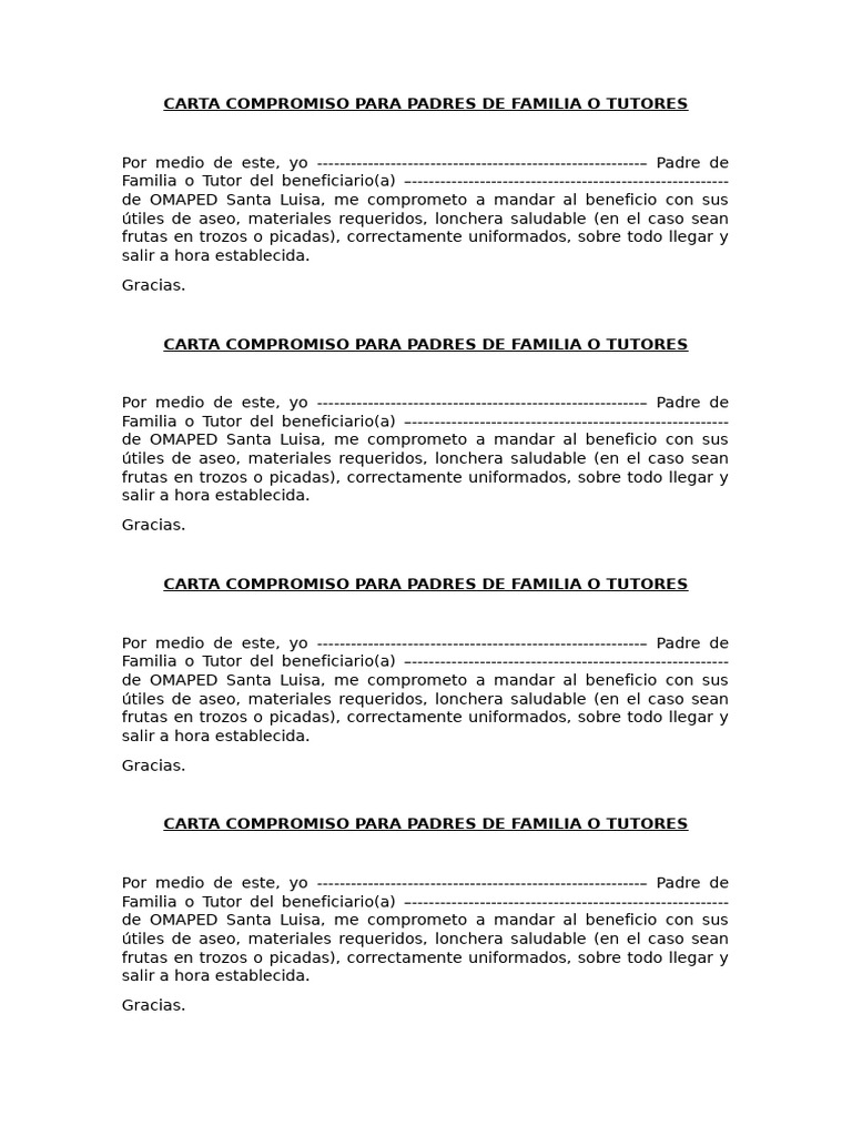 Carta Compromiso para Padres de Familia o Tutores Omaped | PDF
