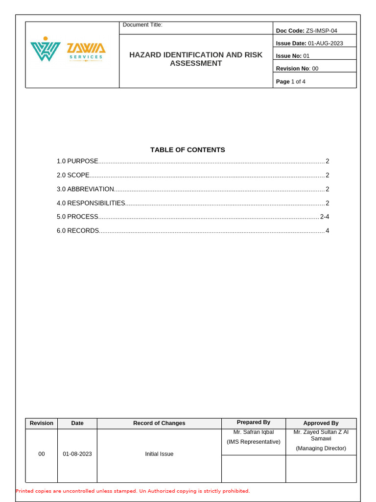PROCEDURE 04 - HAZARD IDENTIFICATION AND RISK ASSESSMENT | PDF