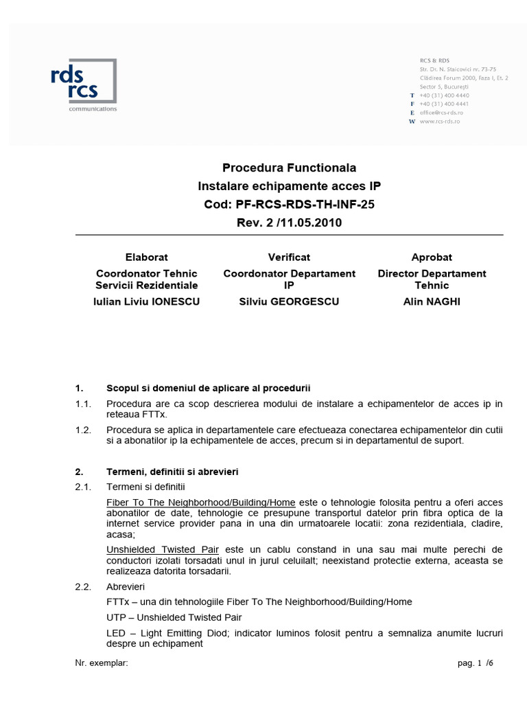 PF RCS RDS TH INF 25 Instalare - Echipamente - Acces - Ip | PDF