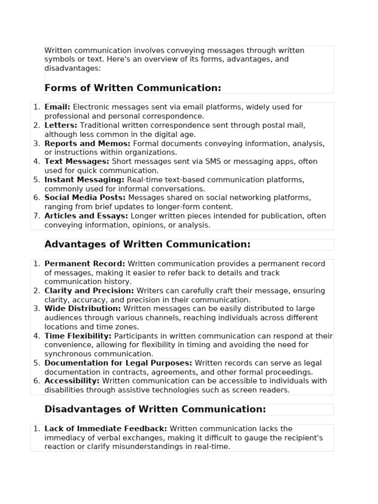 WRITTEN Communication fORMS ADVANTAGES DISADVANTAGES | PDF