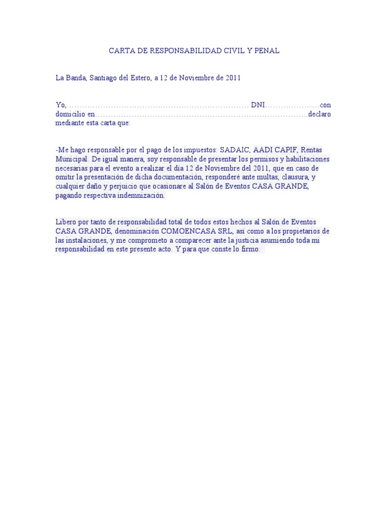 Carta de Responsabilidad Civil y Penal