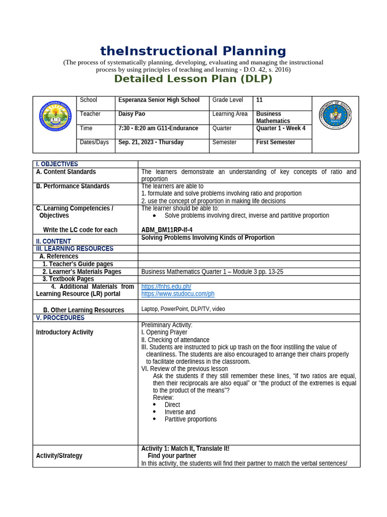 DLP-BusMath - Q1 - W4 - COT | PDF | Learning | Career & Growth