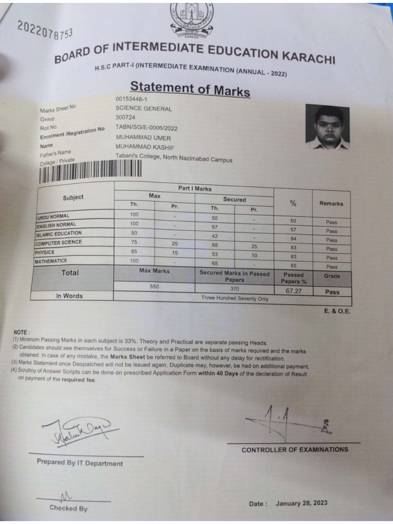 1st Year Mark Sheet - JPG | PDF
