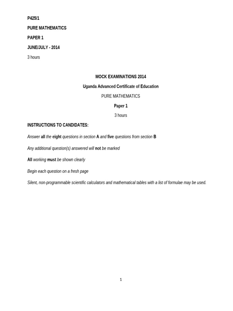 S6 mock 1 2014 maths p1 pdf