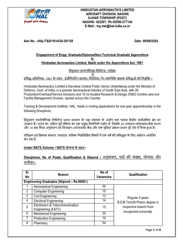 Notification Hal Graduate Diploma Apprentice Posts Pdf