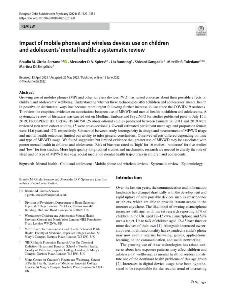 Impact of Mobile Phones and Wireless Devices Use On Children and ...