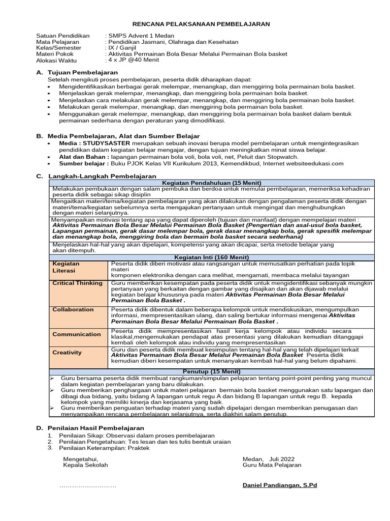 RPP Pjok Kelas 9 | PDF