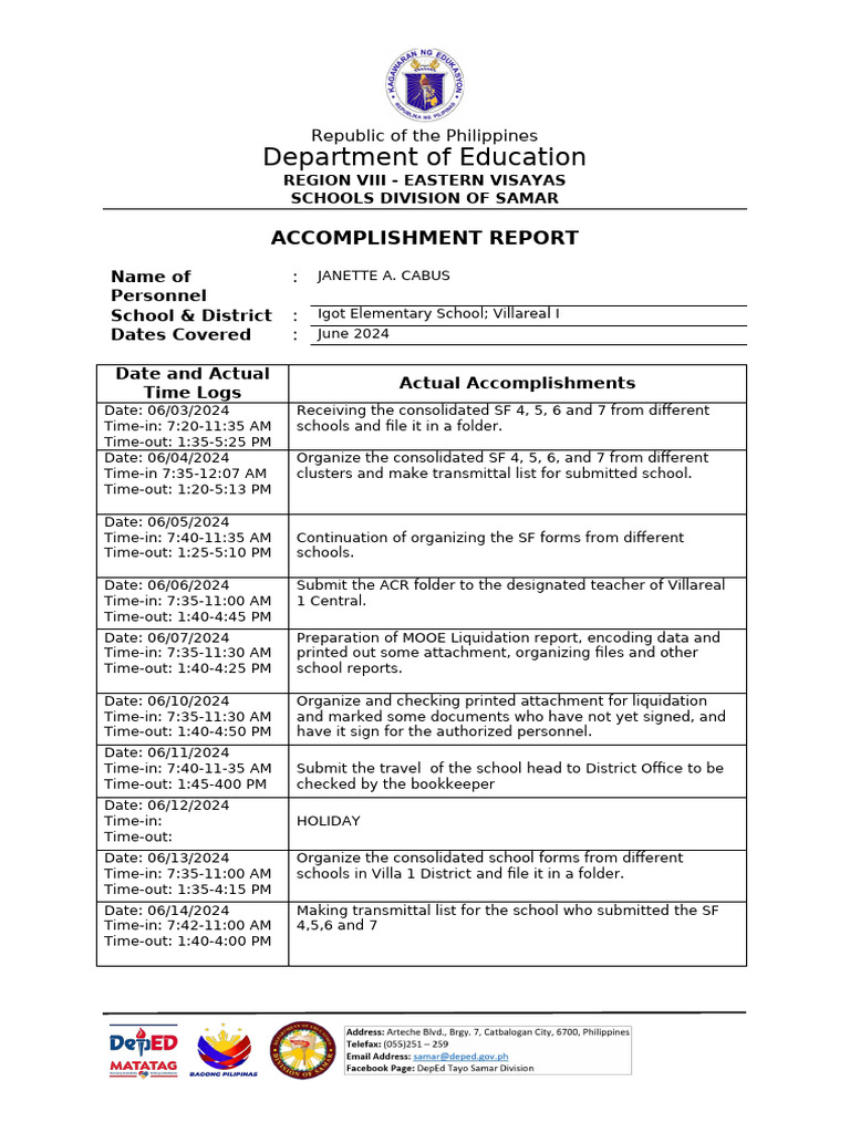 Accomplishment Report For JUNE 2024 | PDF
