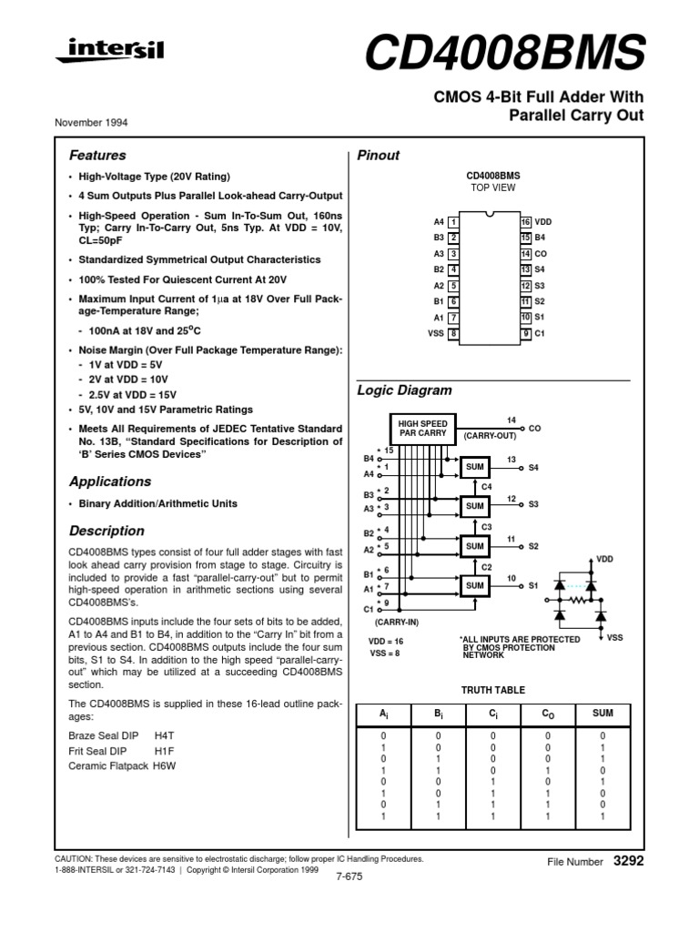 CD4008BMS - Full Adder | PDF | Electric Current | Electrical Engineering