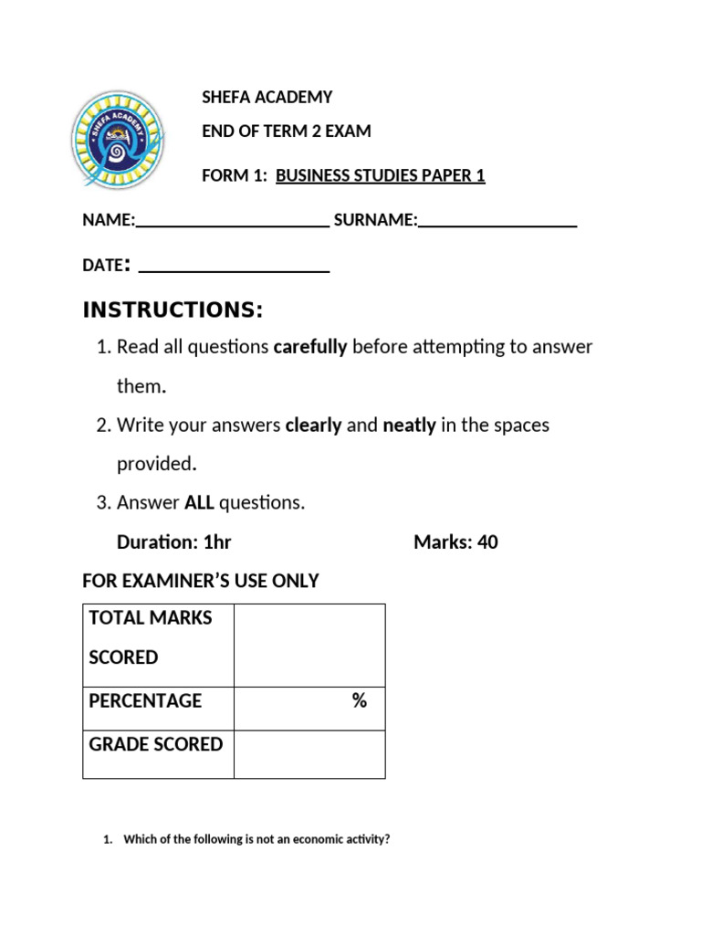 Form One Paper1 | PDF